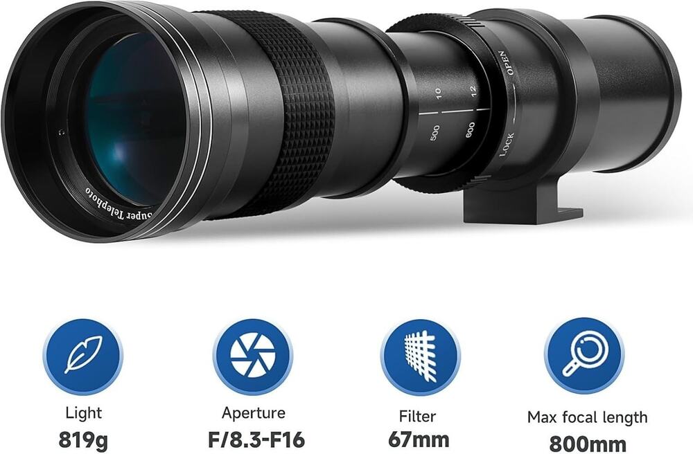 JINTU 420-800mm f/8.3-16 Manual Focus Telephoto Zoom Lens for Canon EF - black